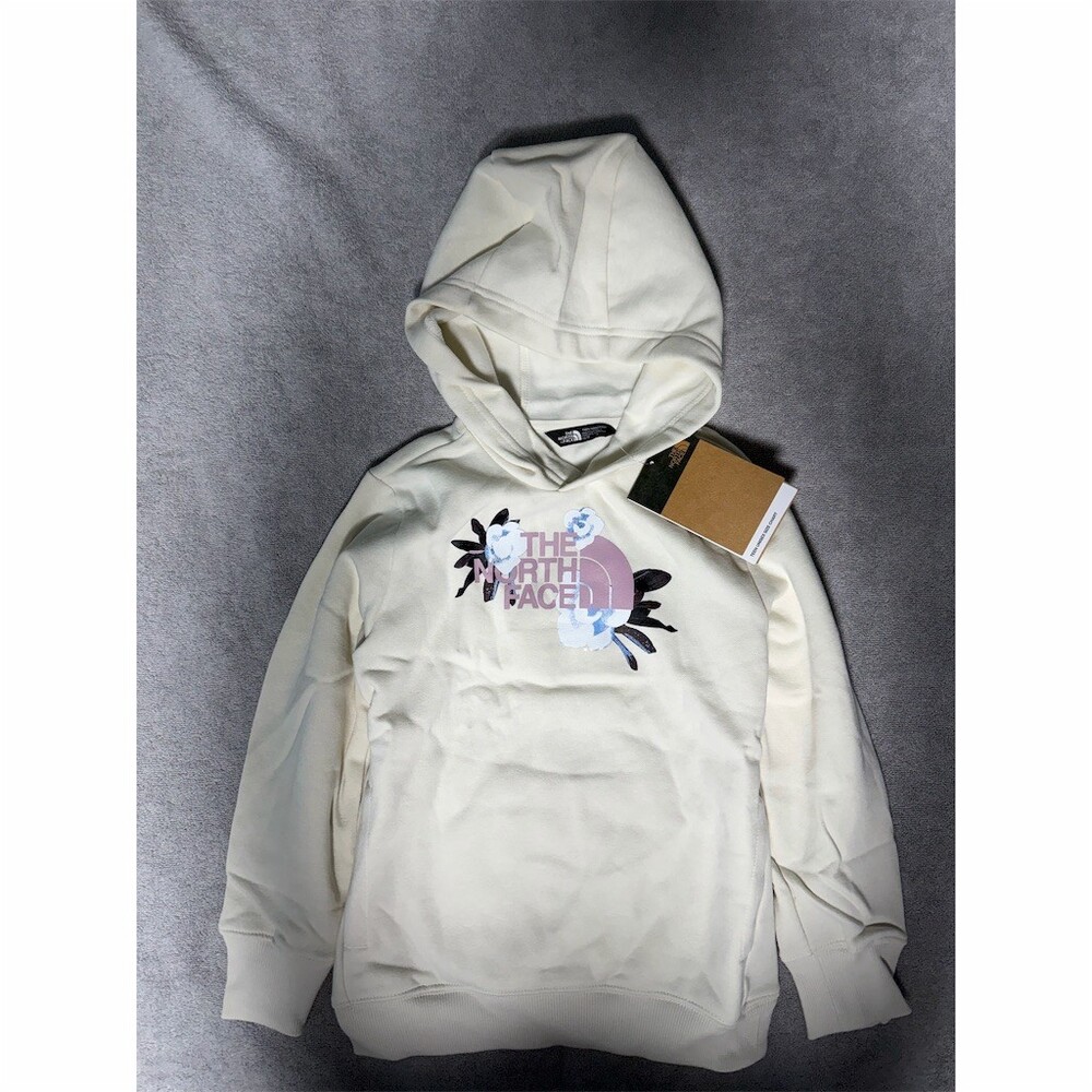 The North Face Girls Hoodie Size 6 Ivory Floral Logo Pullover Long Sleeve